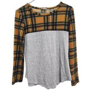 Adora BOHO Top Womens Small Gray Plaid Contrast Soft Knit Long Sleeve Casual